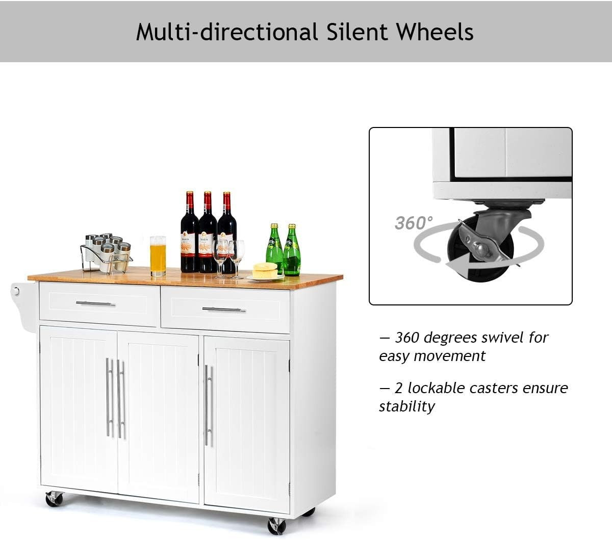 Mobile Kitchen Island Cart with Rubberwood Top, Lockable Wheels & Storage