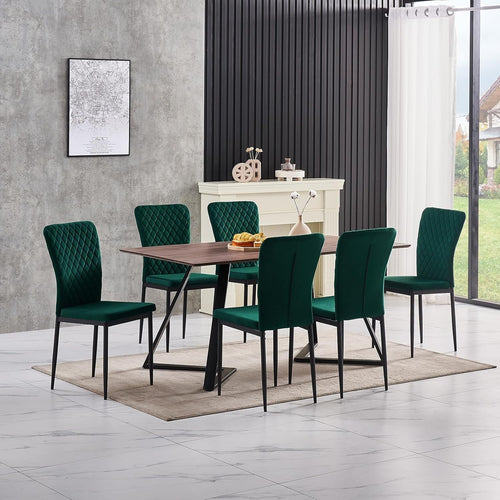 Modern Velvet Green Dining Table Set 6 High Back Chairs Oak Wood 150x80x75cm