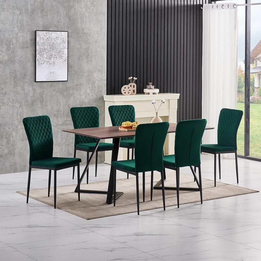 Modern Velvet Green Dining Table Set 6 High Back Chairs Oak Wood 150x80x75cm