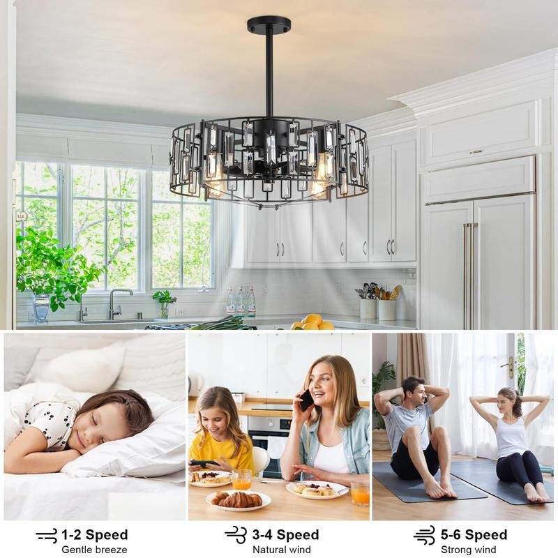 Crystal Ceiling Fan Light Flush Mount Remote App Control 6-Speed E27 Black