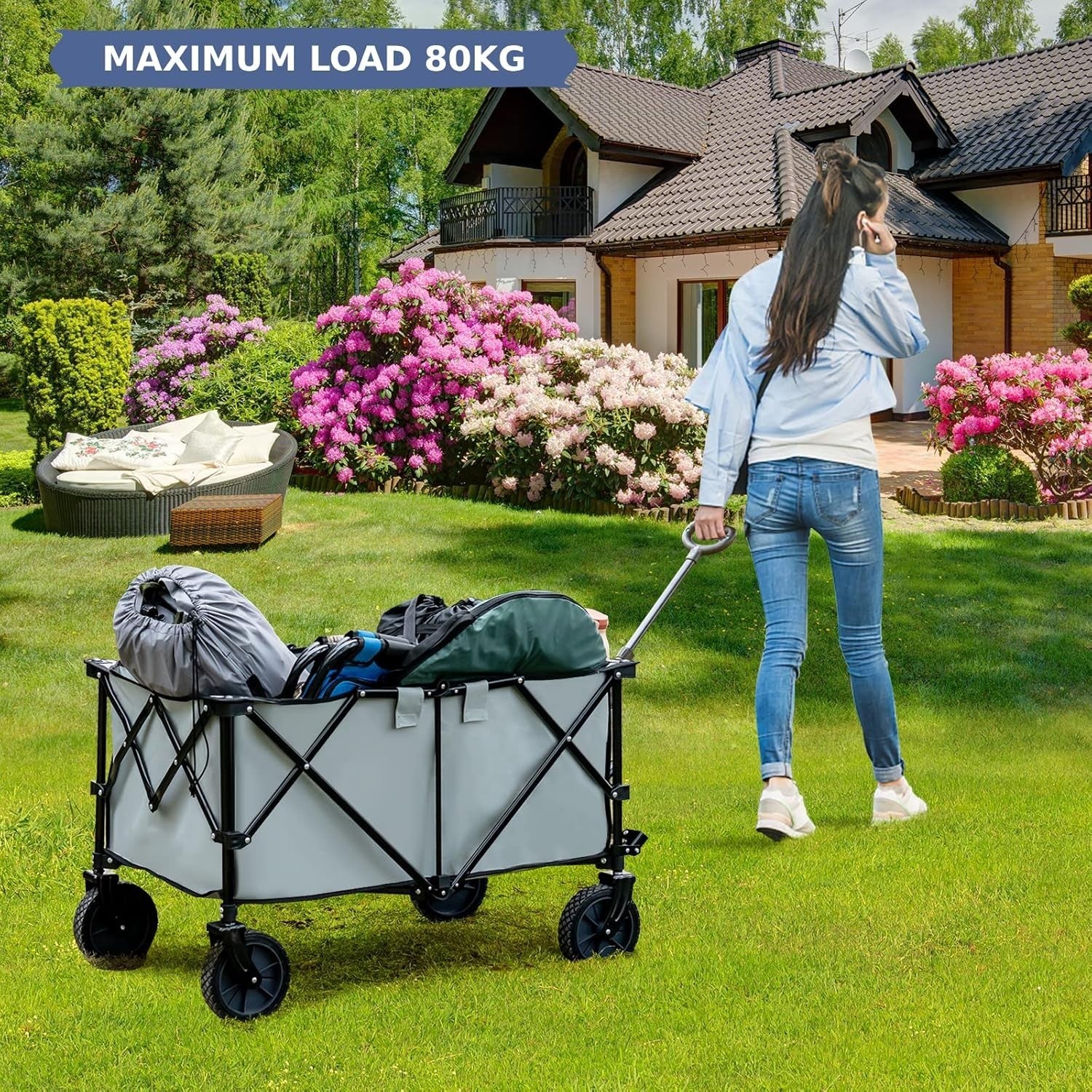 Folding Camping Wagon Utility Cart Beach Garden Trolley w Cup Holders