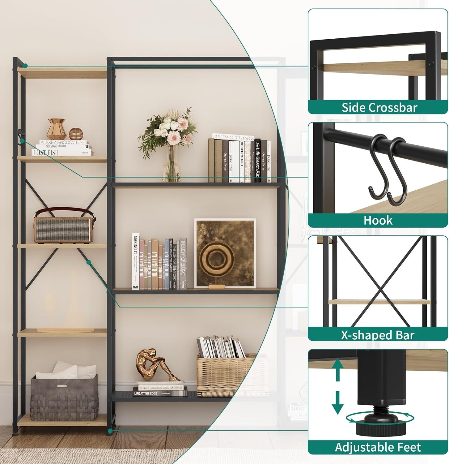 13 Shelf Industrial Bookcase Oak Metal & Wood Storage Display Rack