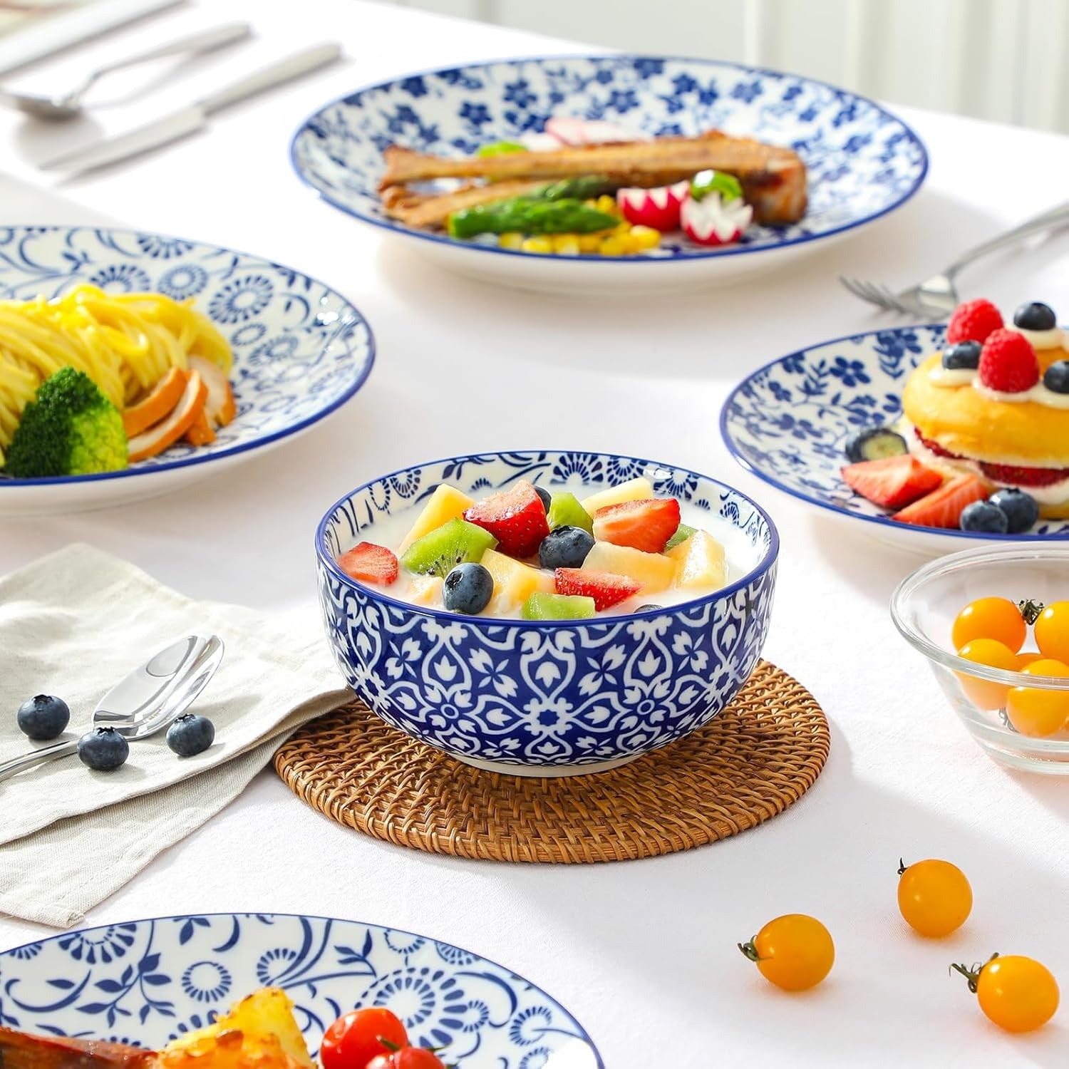 36pc Porcelain Dinnerware Set Blue White Plates Bowls Dishwasher Safe