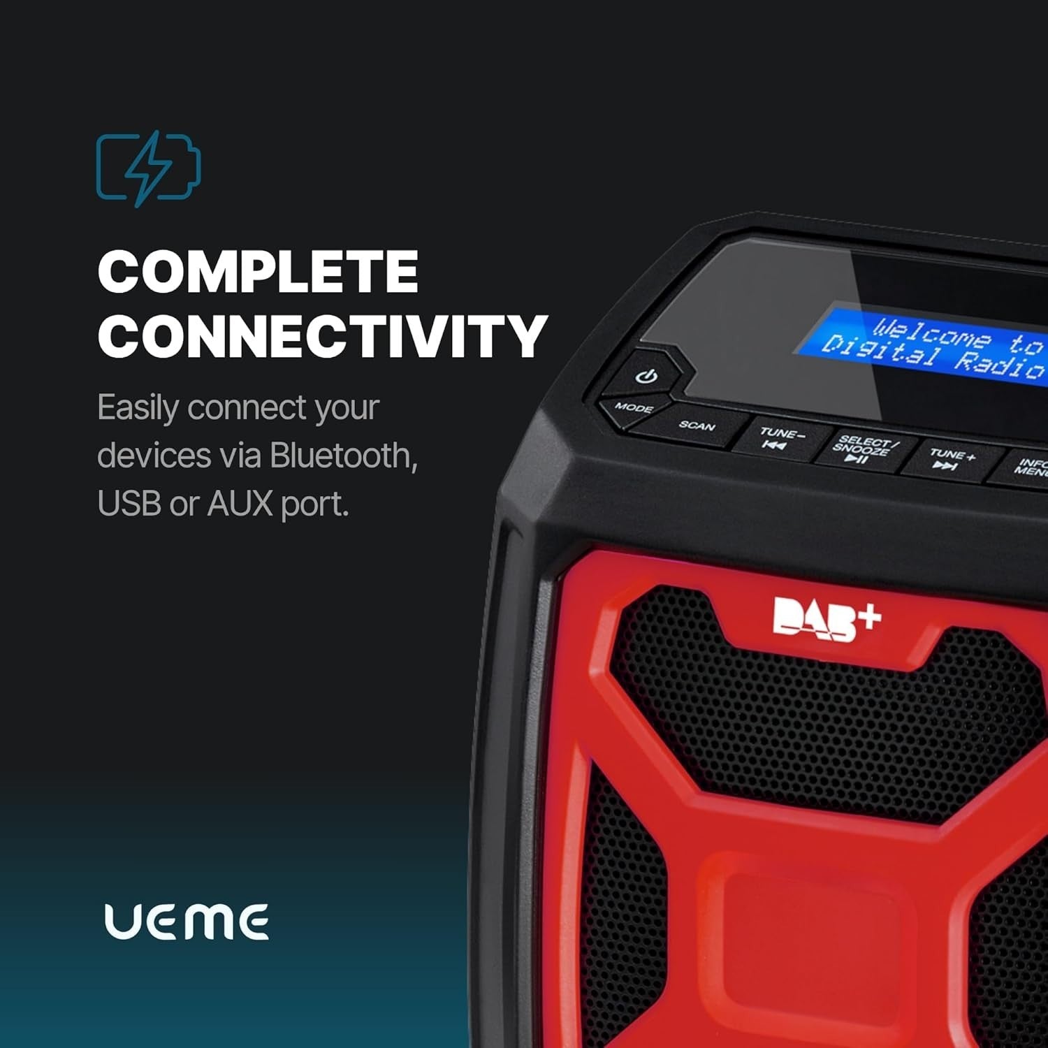 Rugged DAB+ FM Site Radio Bluetooth 6000mAh USB Rechargeable Red