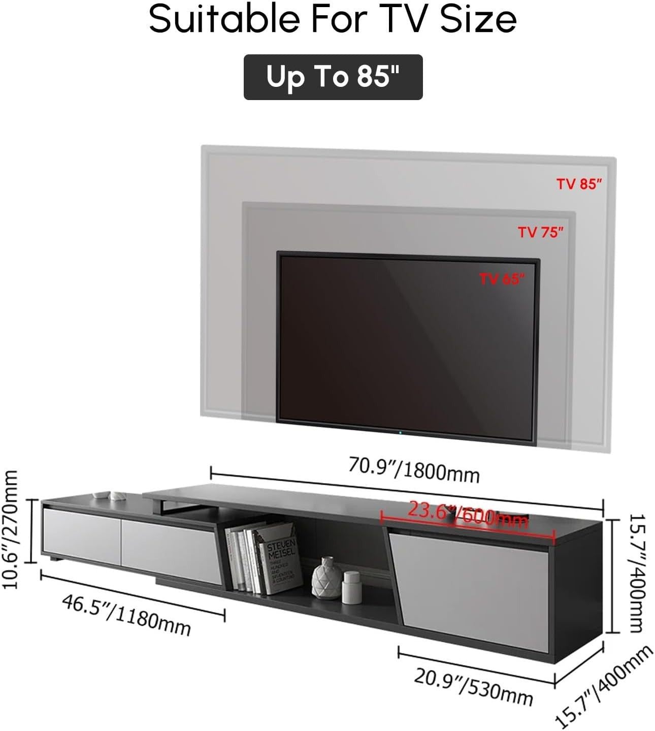Extendable TV Console Gray with 3 Drawers Modern Entertainment Stand 110"