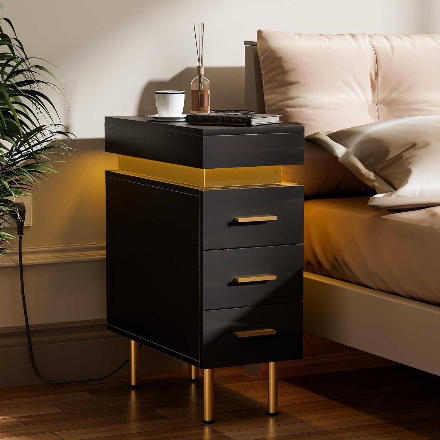 Modern LED Bedside Table with USB Charging, 3 Drawers + Hidden Storage