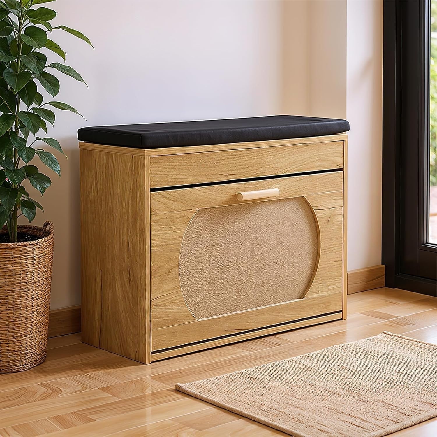 Narrow Shoe Storage Bench with Flip Drawer & Cushioned Seat, 74x24x51 cm
