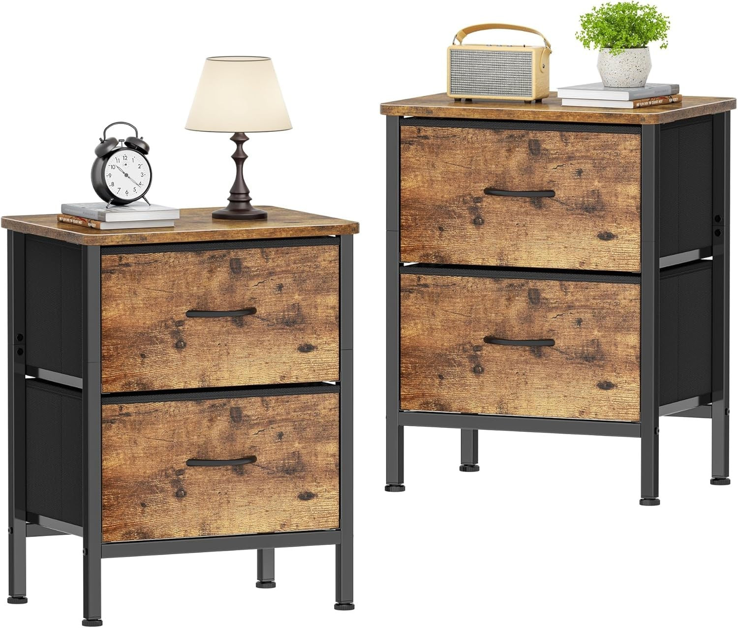 Set of 2 Rustic Brown Bedside Tables with Metal Frame & Fabric Drawers