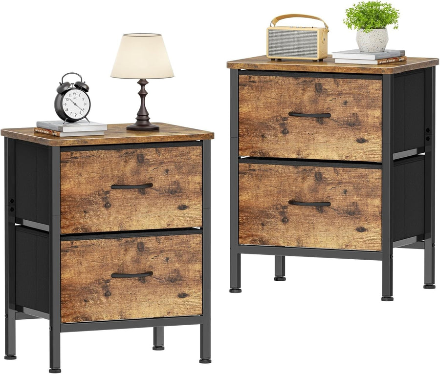 Set of 2 Rustic Brown Bedside Tables with Metal Frame & Fabric Drawers