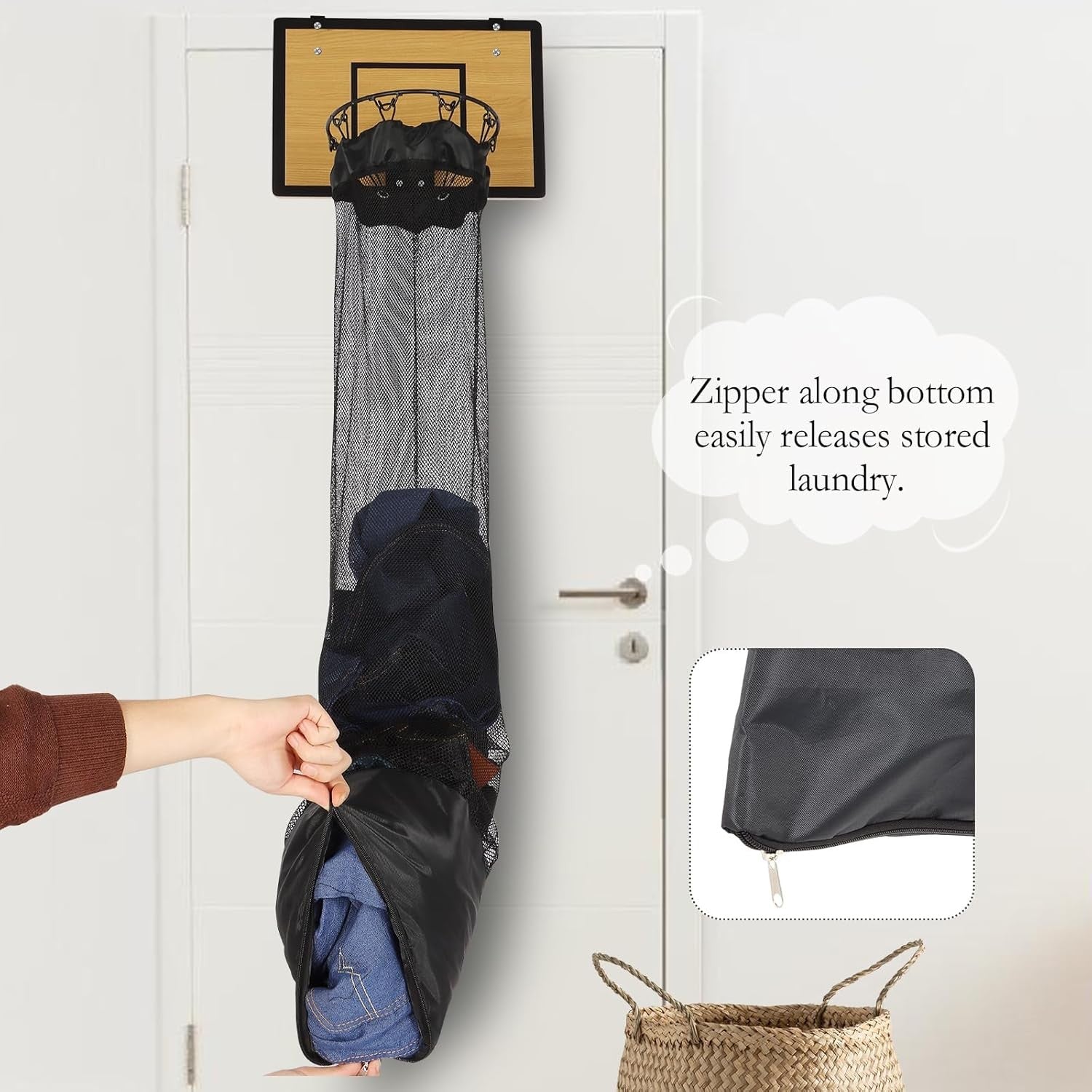 Basketball Hoop Laundry Hamper Over Door | Hanging Laundry Basket w/ Zipper | Ki
