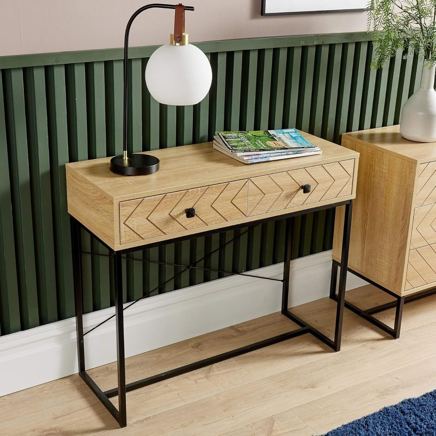 Modern Console Table with Drawers Oak Effect Hallway Storage Desk