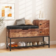 Rustic Brown Black Shoe Storage Bench with Cushion, Flip Chest & Cabinets