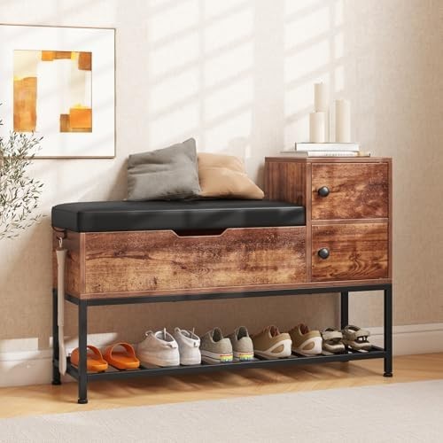 Rustic Brown Black Shoe Storage Bench with Cushion, Flip Chest & Cabinets