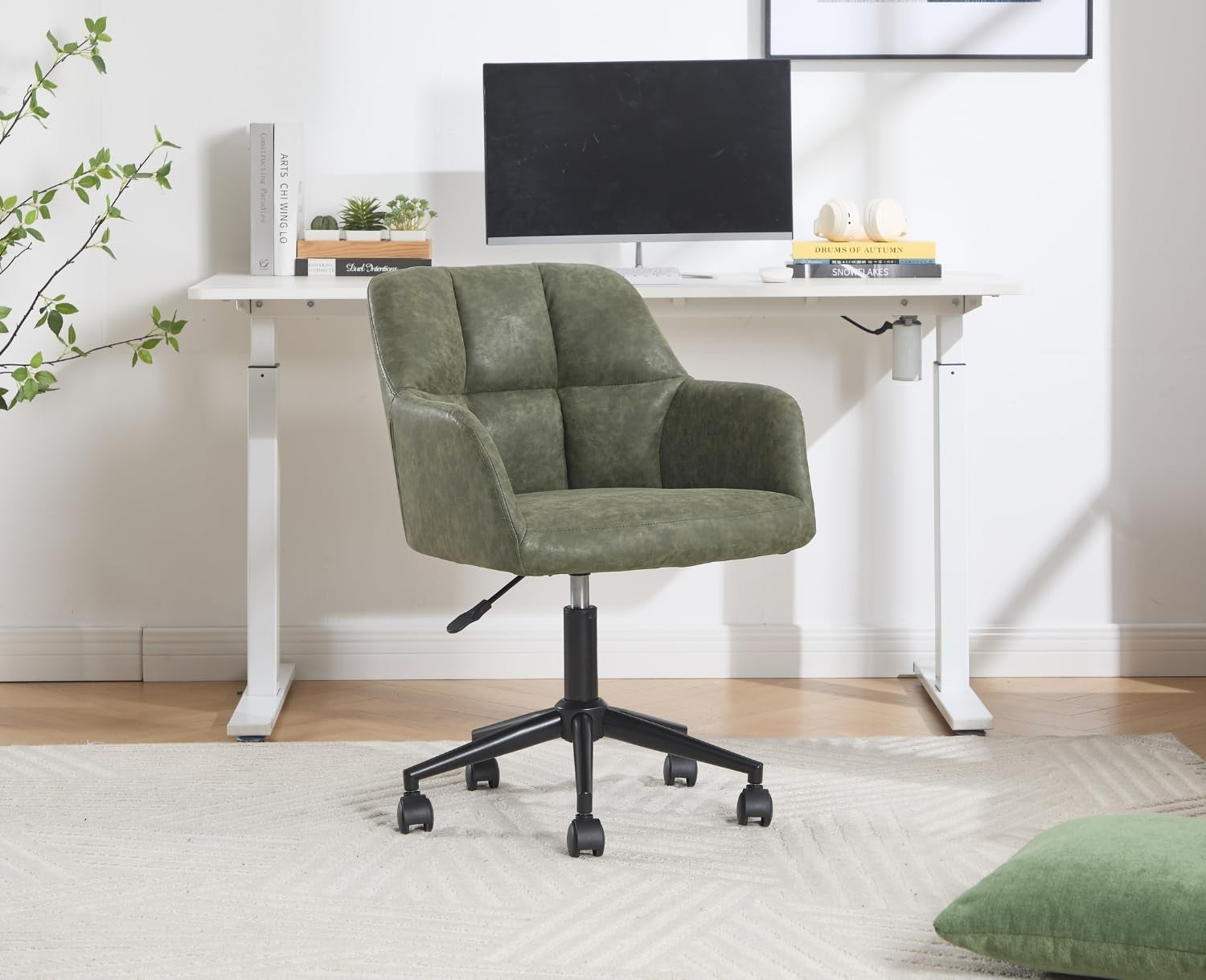 Faux Leather Office Chair Adjustable Swivel Desk Seat Green Tufted Back Modern