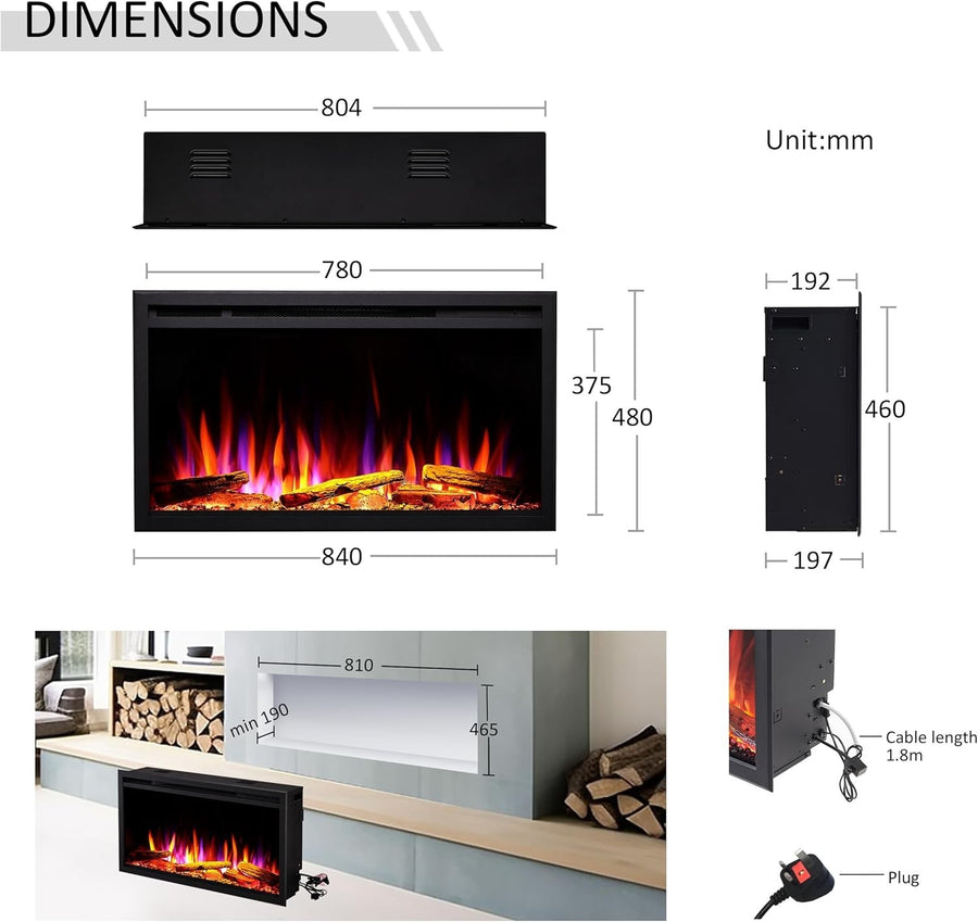33” Smart Inset Electric Fireplace Alexa Google App Control Deep Fuel Bed