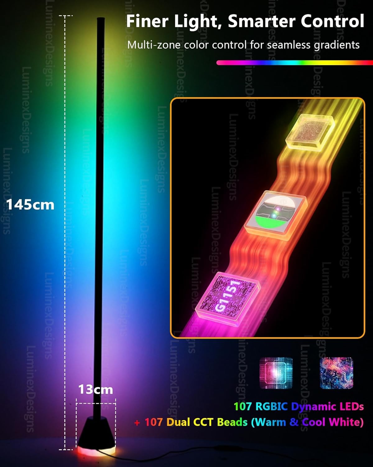 RGBIC LED Corner Floor Lamp App Remote Music Sync Dimmable Mood Light