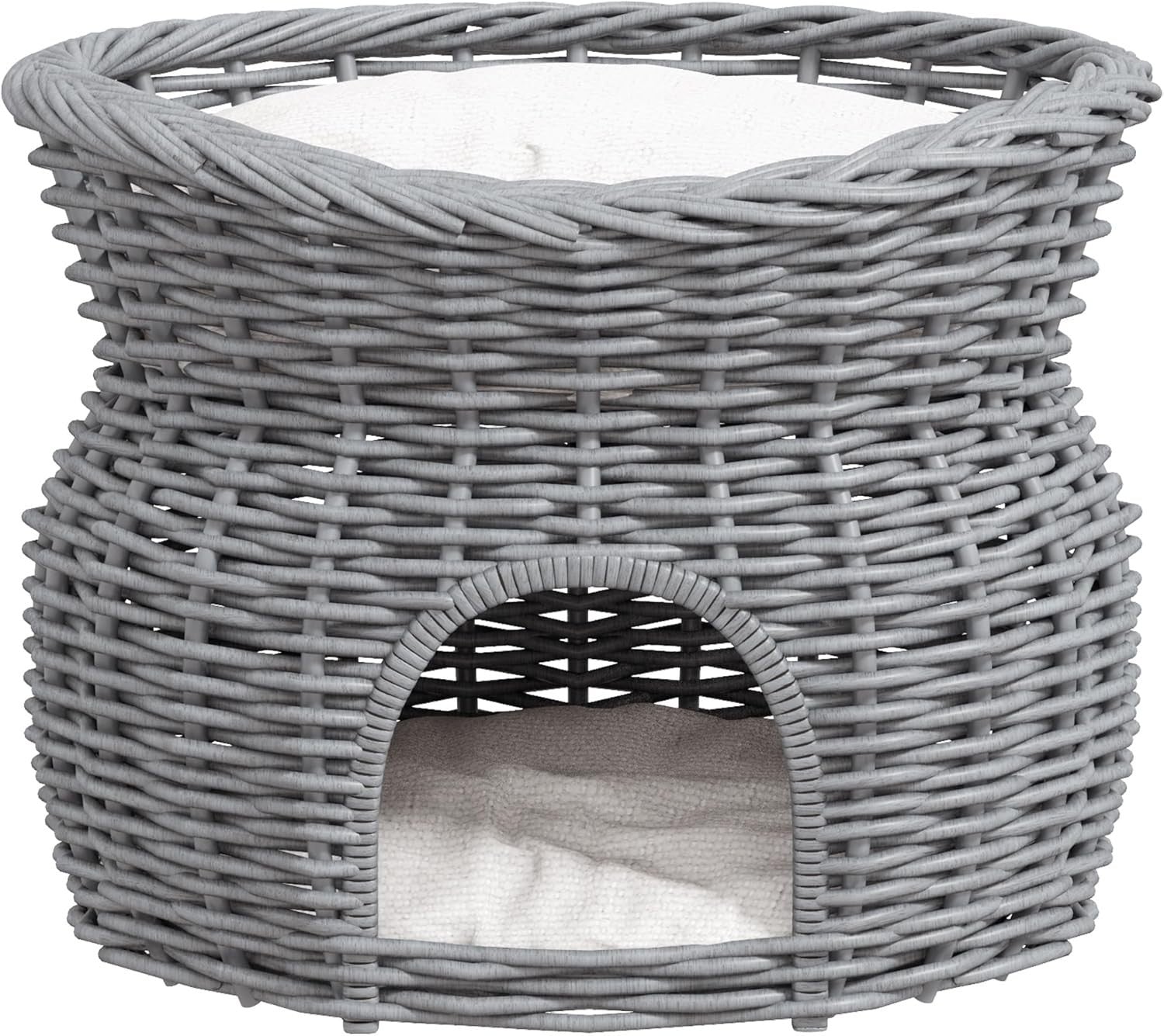 2 Tier Wicker Cat House Elevated Bed Basket Cave w Washable Cushions