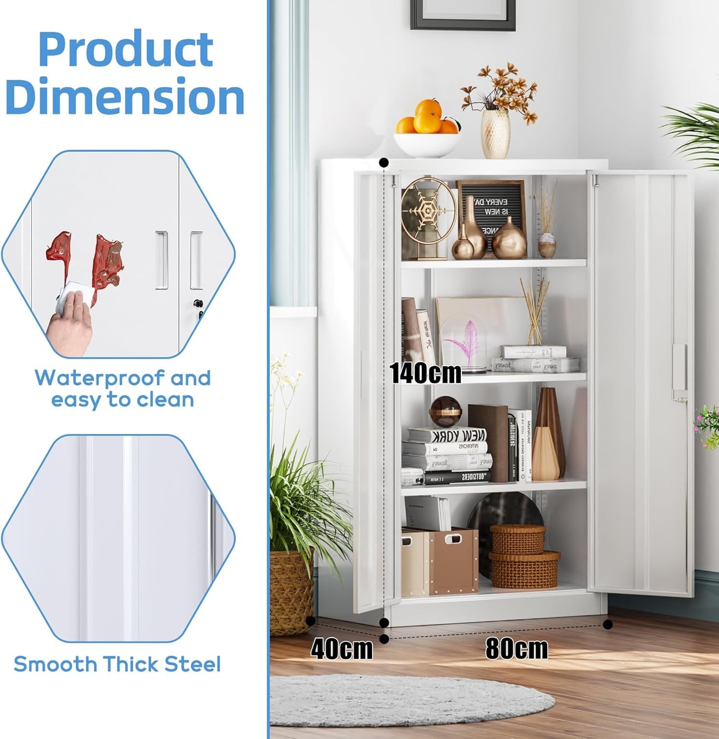 Metal Storage Cabinet 2 Door Lockable Cupboard 3 Adjustable Shelves White