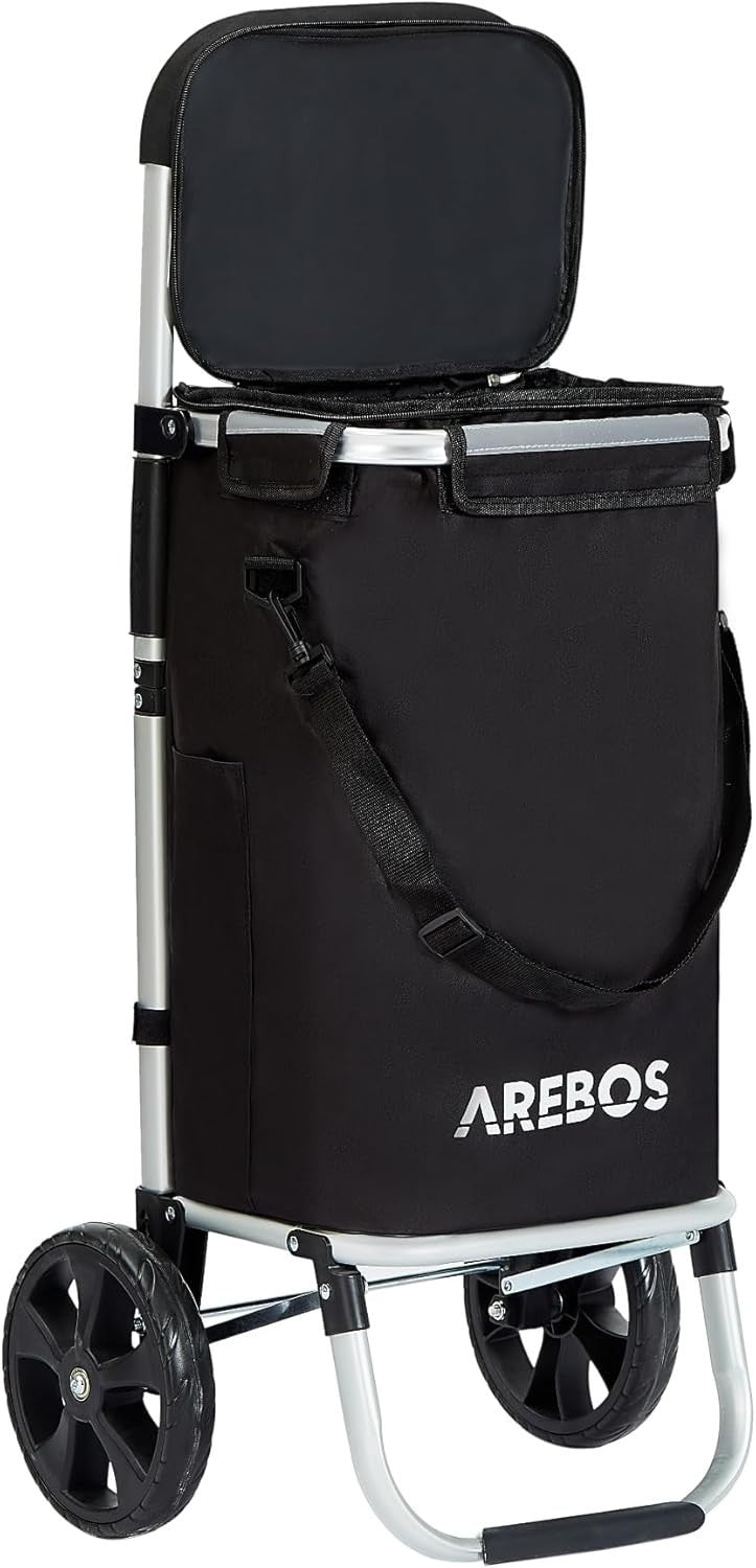 3-in-1 Folding Shopping Trolley 56L Cooler Bag Wheels Black