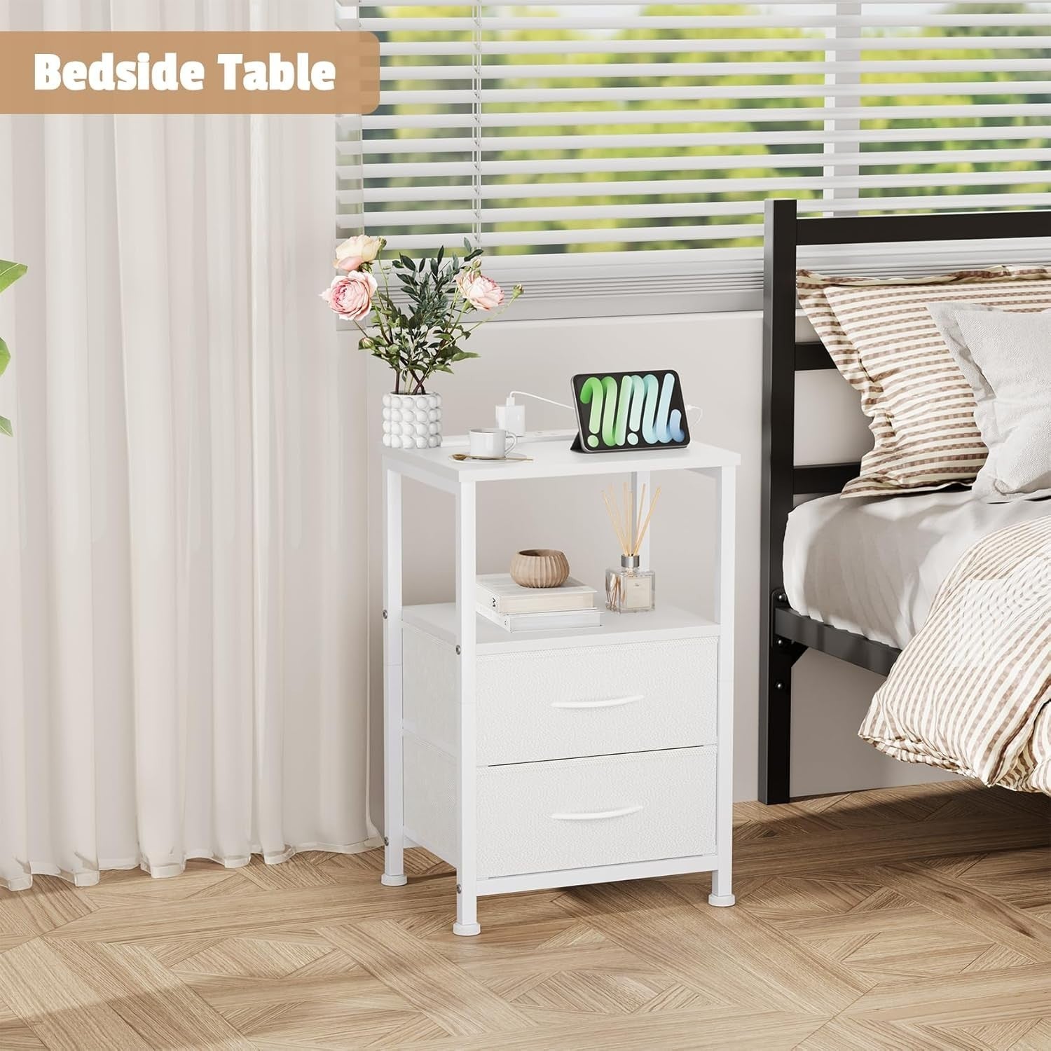 Set of 2 White Bedside Tables with LED Lights & USB Charging Ports