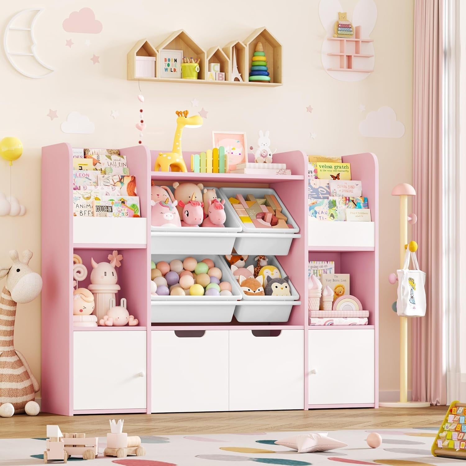 Kids Toy Storage Cabinet Bookshelf with Drawers Doors Bins 6-in-1 Unit Pink