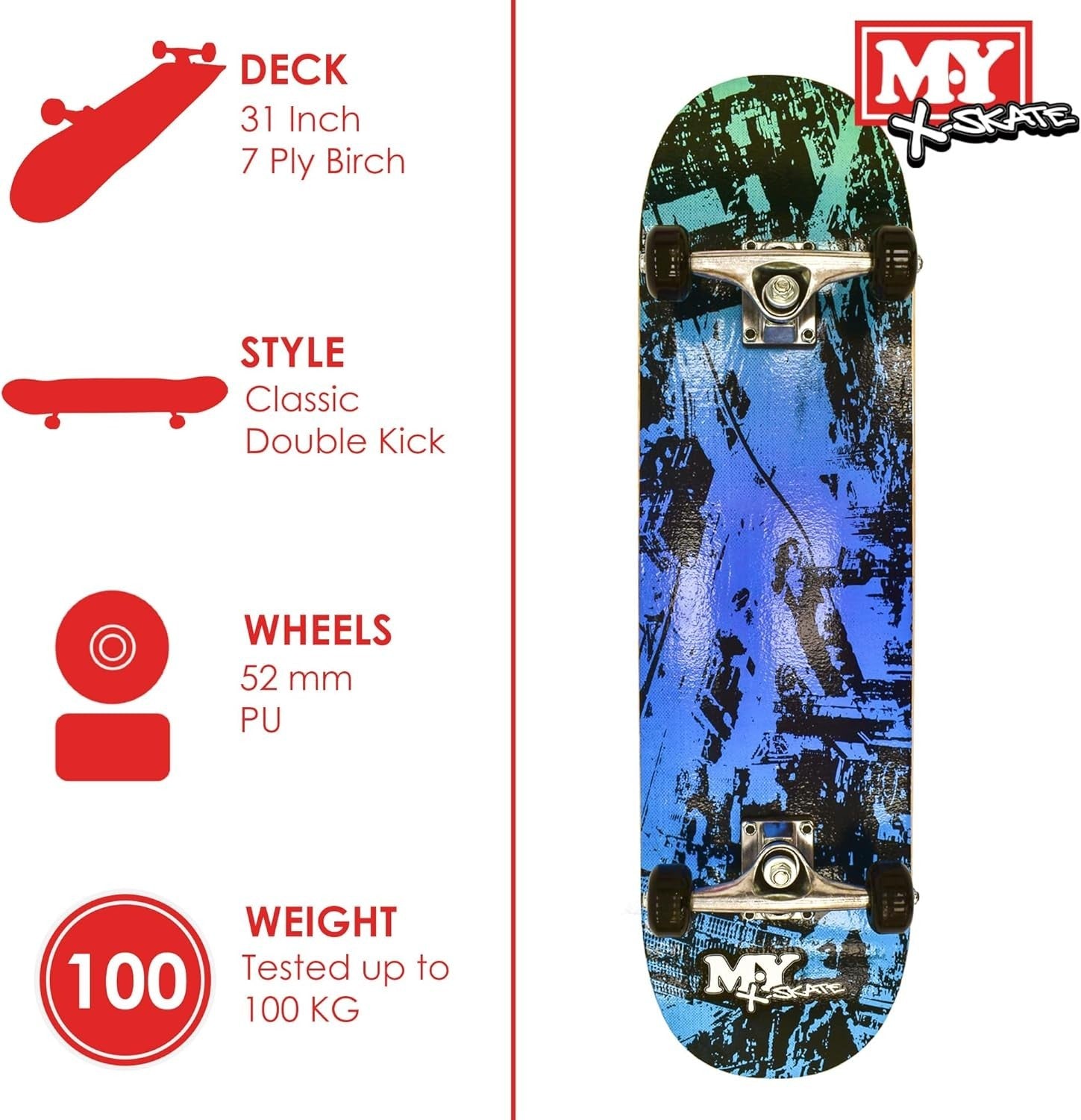 Beginner Skateboard Double Kick 7 Ply Wood 31" Trick Deck ABEC-7 Wheels Adult