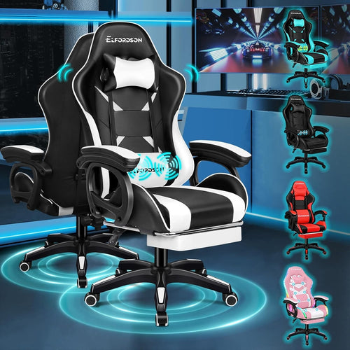 White PU Leather Gaming Chair Office Desk Recliner Massage Lumbar Support Wood F