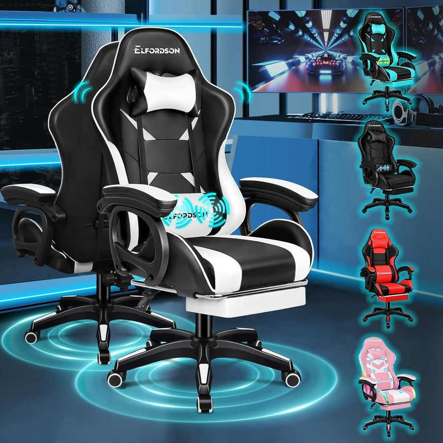 White PU Leather Gaming Chair Office Desk Recliner Massage Lumbar Support Wood F