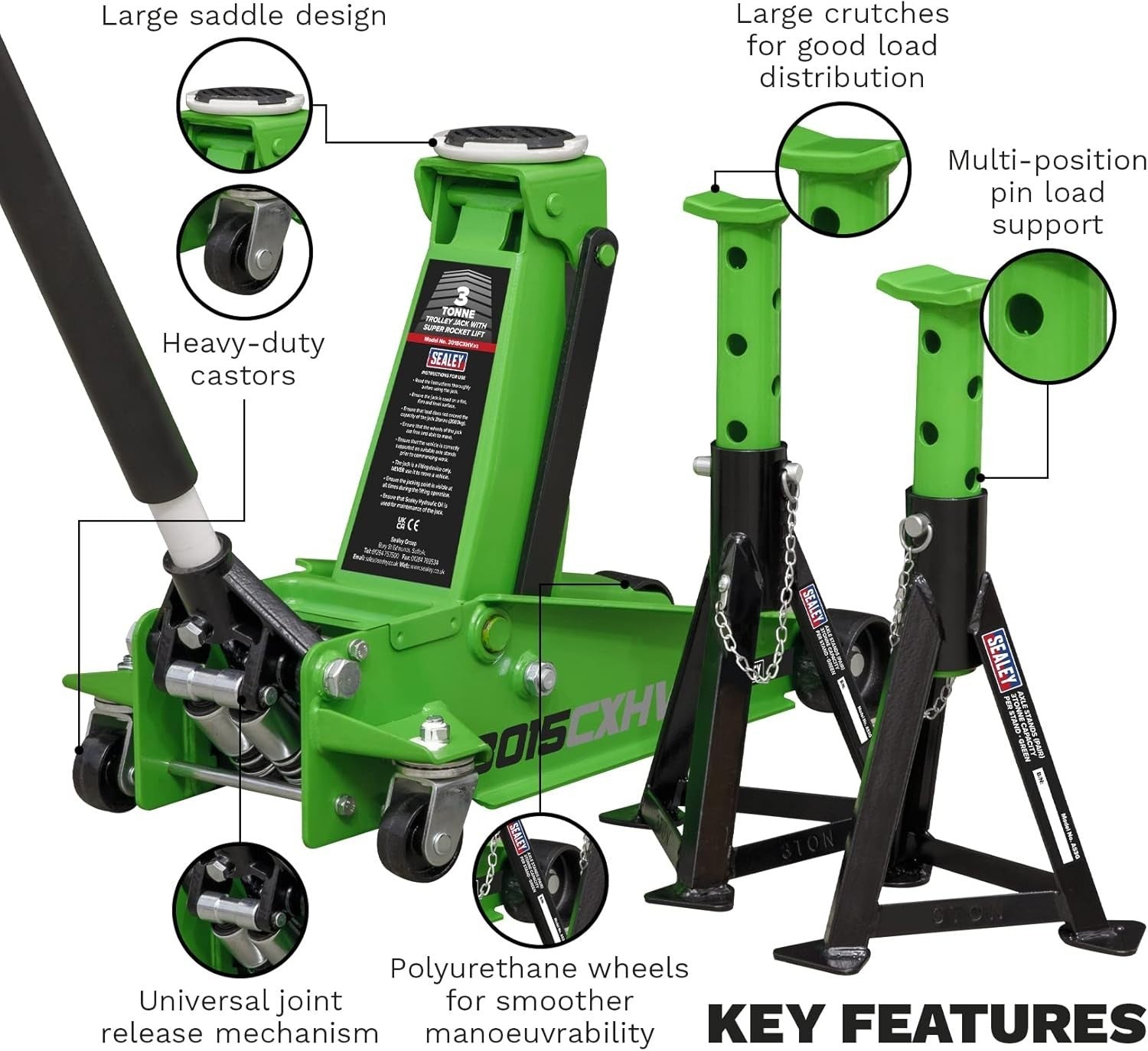 3 Ton Trolley Jack Super Rocket Lift + 3T Axle Stands Heavy Duty Set 120–456mm