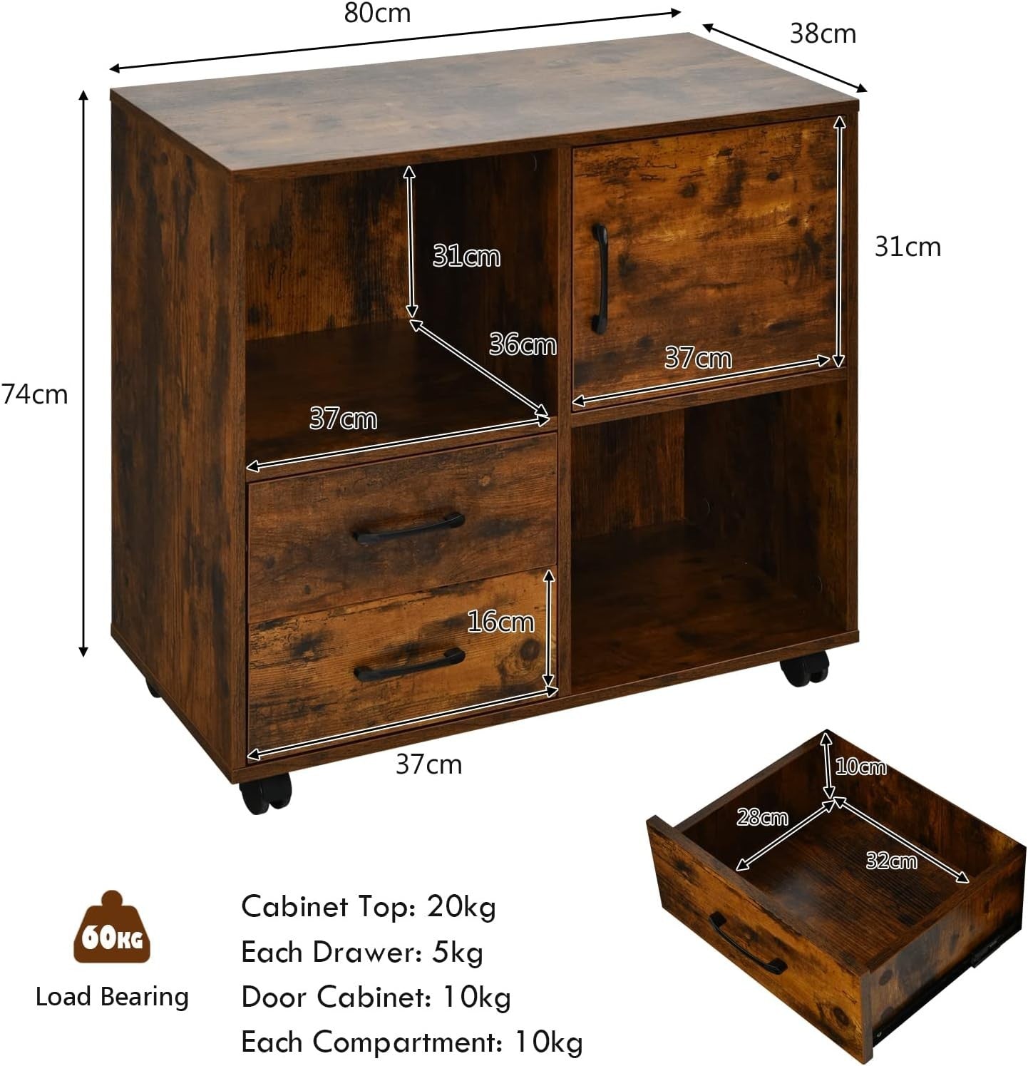 Rustic Brown Mobile File Cabinet 80cm Printer Stand Storage Unit