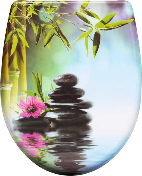 Soft Close O-Shaped Toilet Seat Quick Release Duroplast Stones & Flower Print