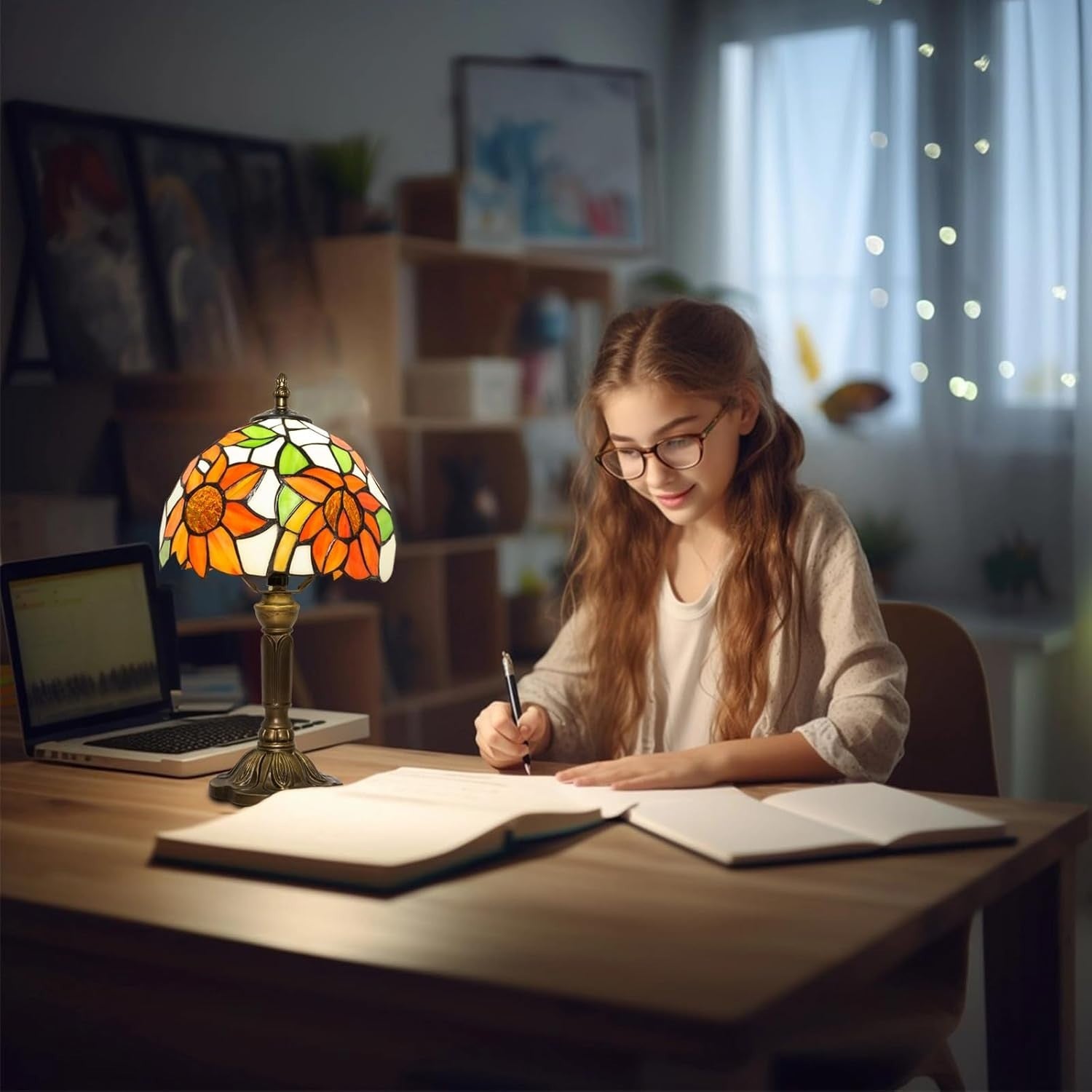 Sunflower Tiffany Table Lamp | Dimmable LED | Vintage Bedside Light