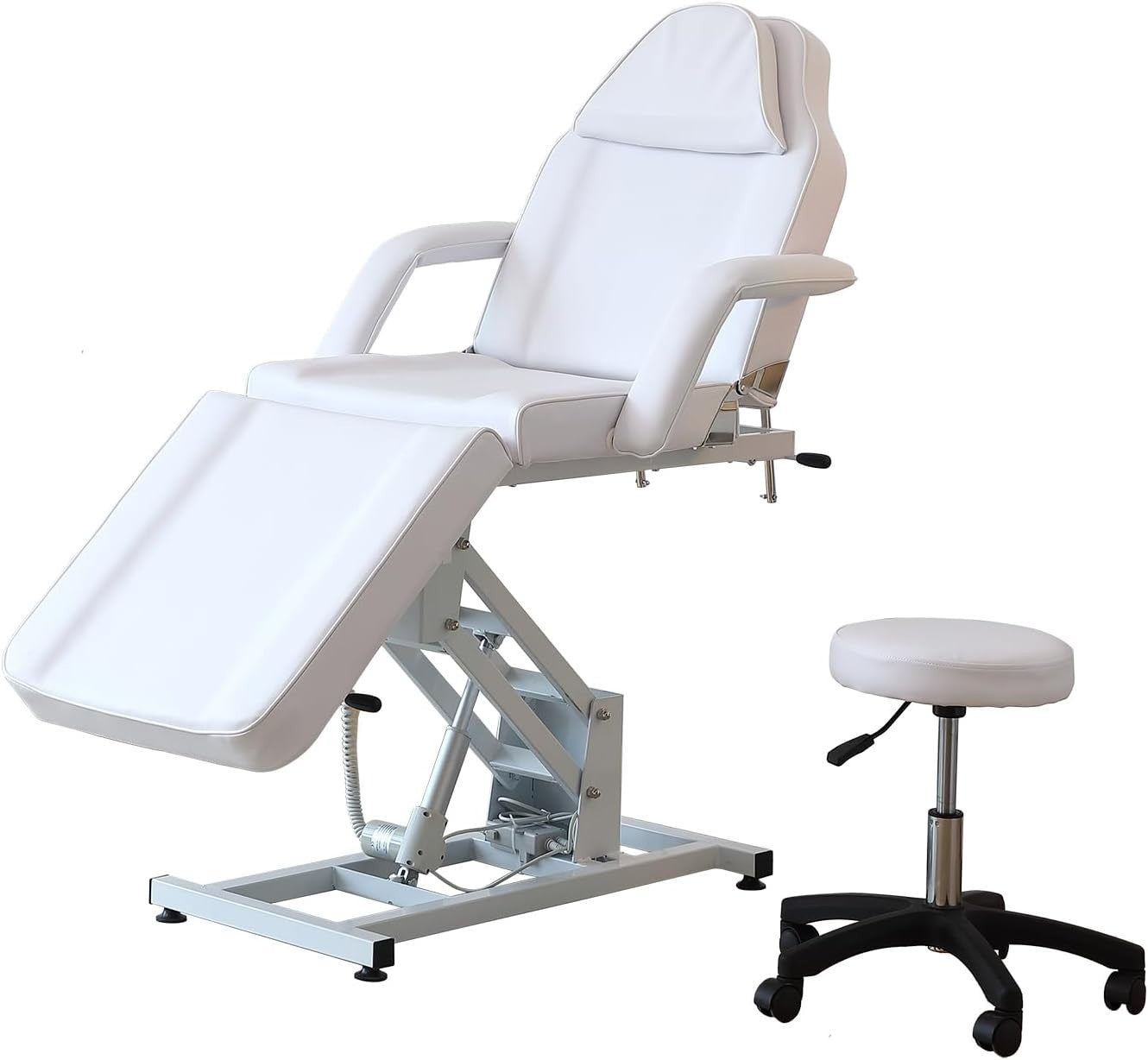 Electric 3-Section Beauty Massage Bed Adjustable Therapy Chair w/ Stool White