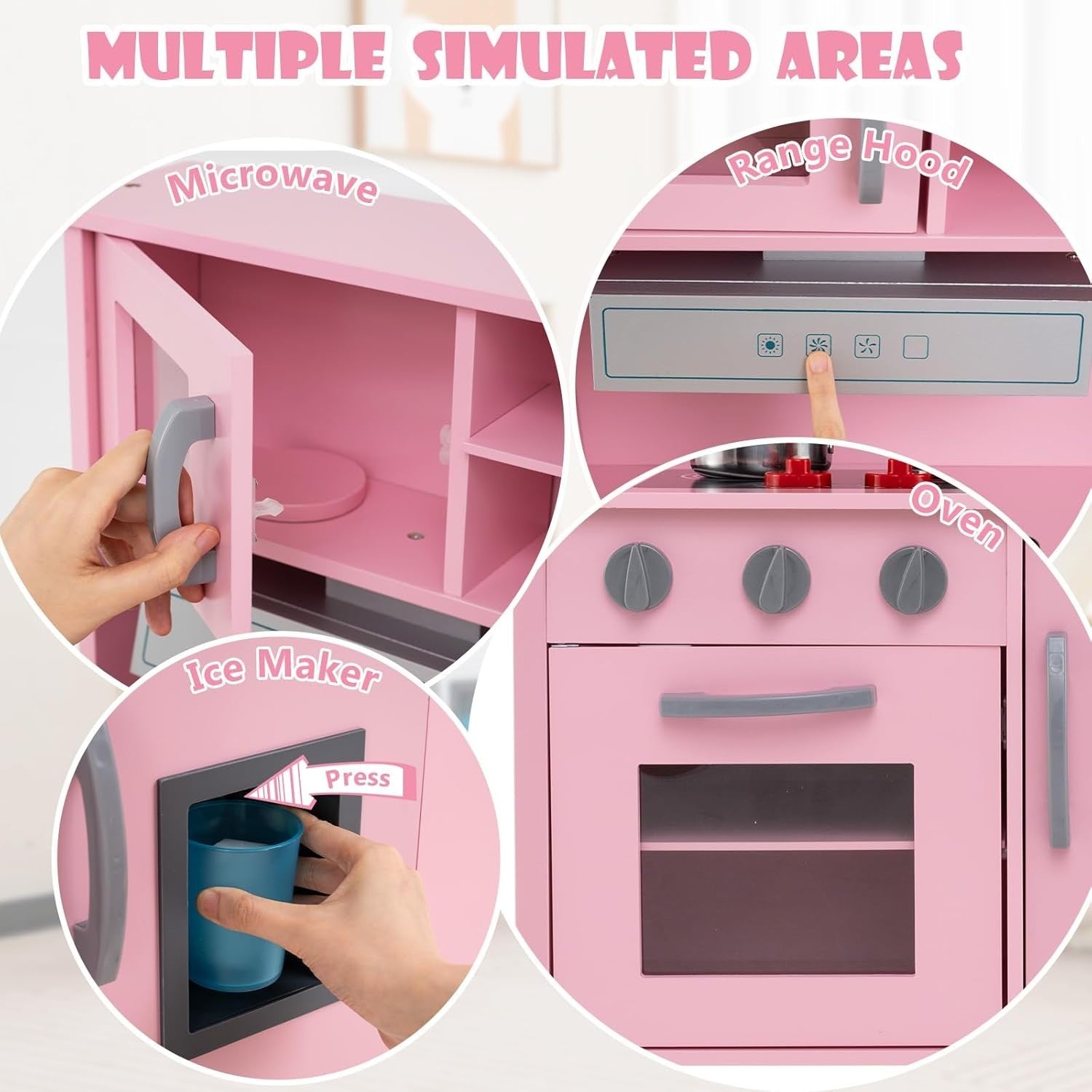 Wooden Kids Play Kitchen Pink Toy Set Microwave Oven Ice Maker Sound