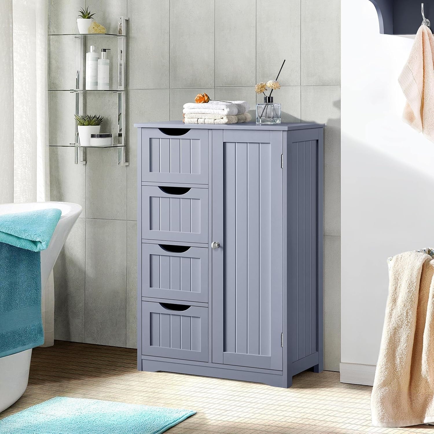 Grey Wooden Bathroom Cabinet 4 Drawer Storage Cupboard Organizer Unit
