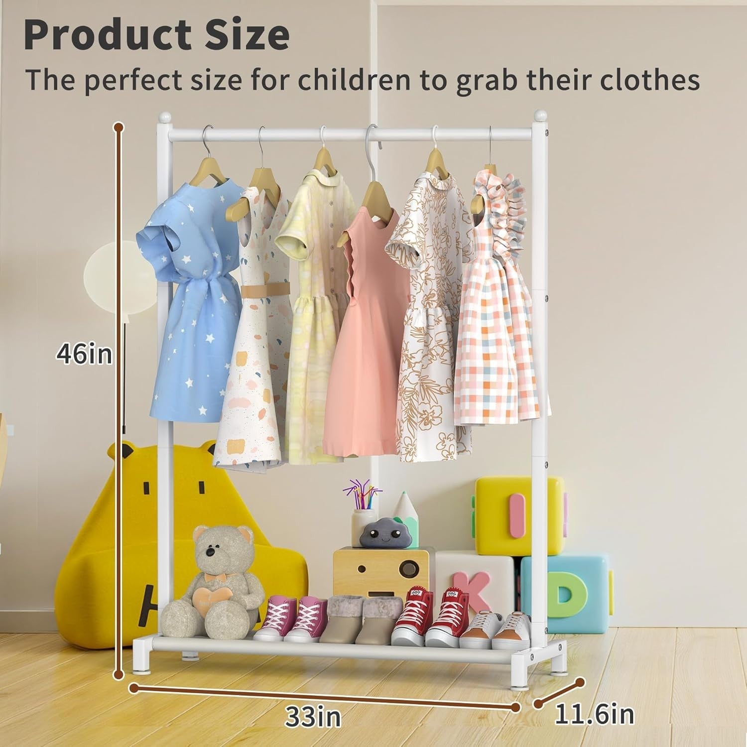 White Kids Clothing Rack with Shelf & Adjustable Feet 117cm