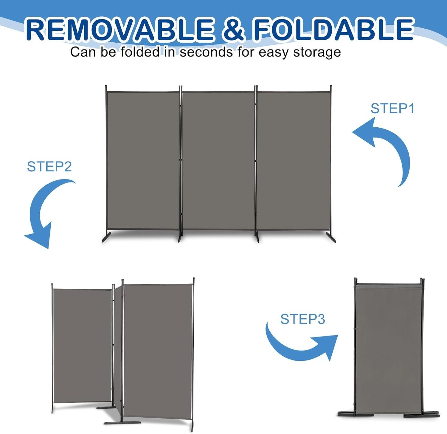 3 Panel Grey Folding Room Divider Privacy Screen Partition for Office Bedroom
