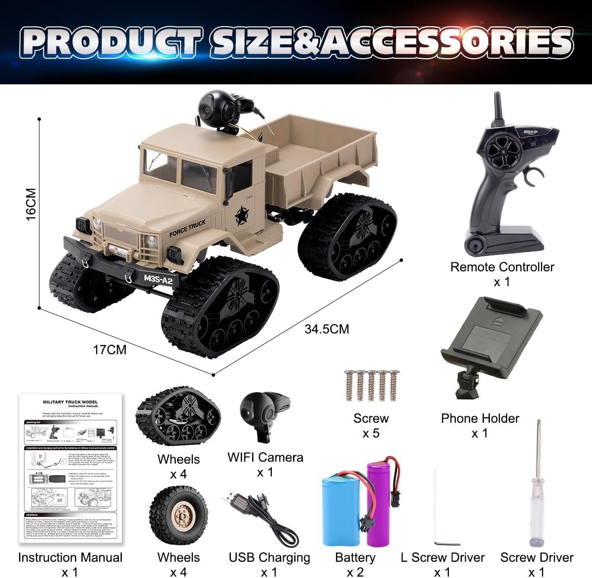 4WD RC Car w/ WiFi Camera 720P FPV 1:16 Off Road Truck 20km/h Kids Gift