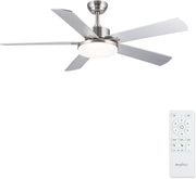 42" Silver Ceiling Fan, 6-Speed LED, Dimmable, Remote, Bedroom LR