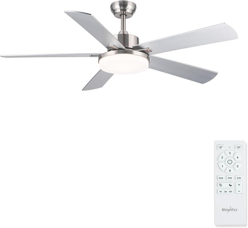42" Silver Ceiling Fan, 6-Speed LED, Dimmable, Remote, Bedroom LR