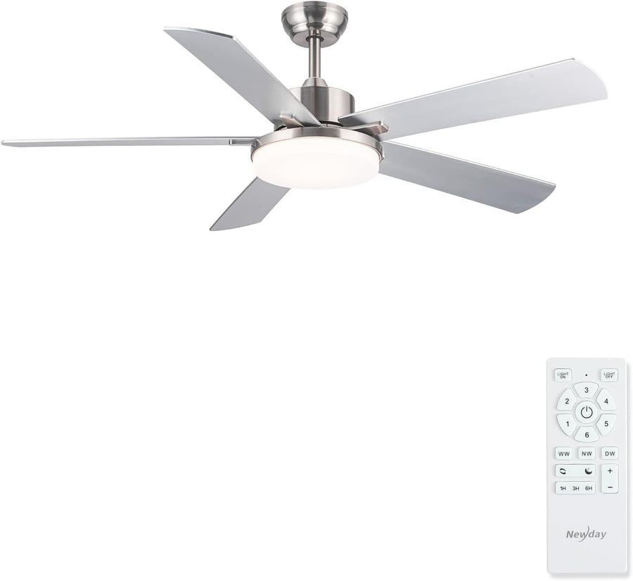 42" Silver Ceiling Fan, 6-Speed LED, Dimmable, Remote, Bedroom LR