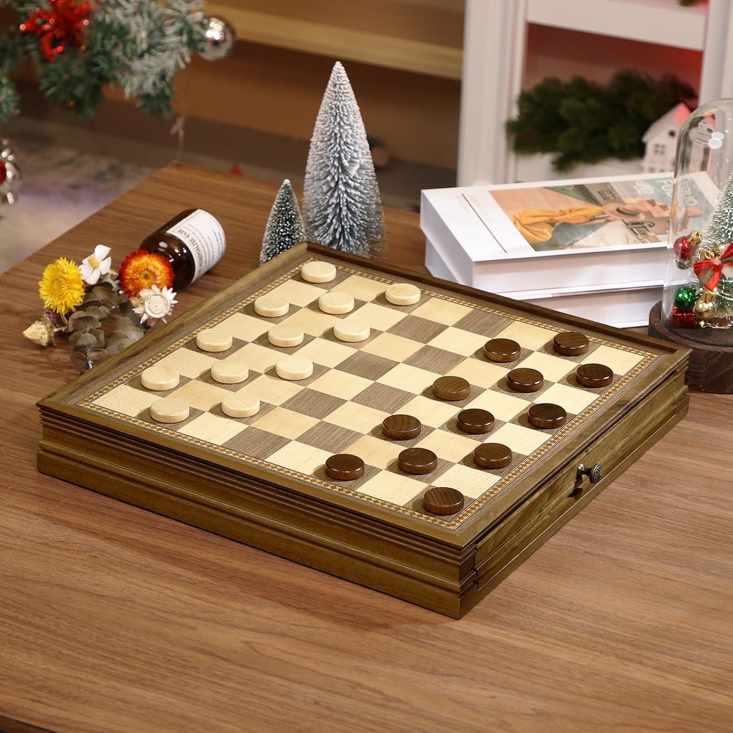 38cm Wooden Magnetic Chess Set with Storage Drawers & Extra Queens