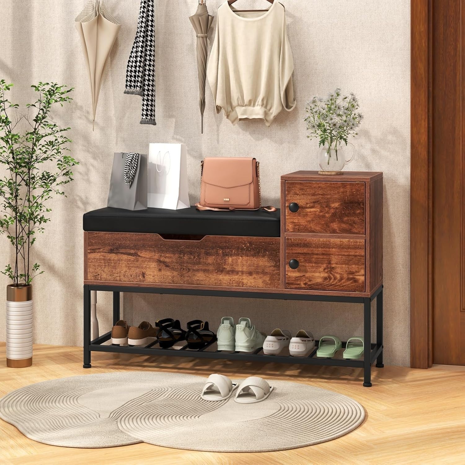 Rustic Shoe Storage Bench with Cushion, Flip-Top Chest & 2-Door Cabinet