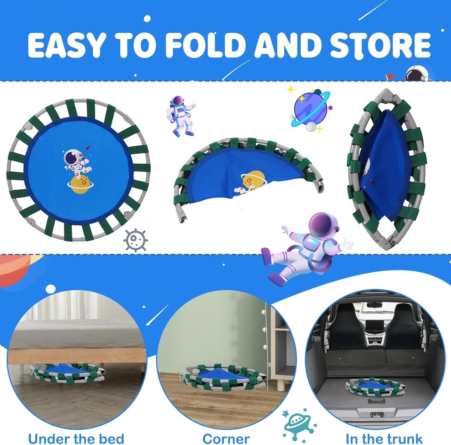 36in Kids Trampoline Adjustable Handle Foldable Indoor Outdoor Blue