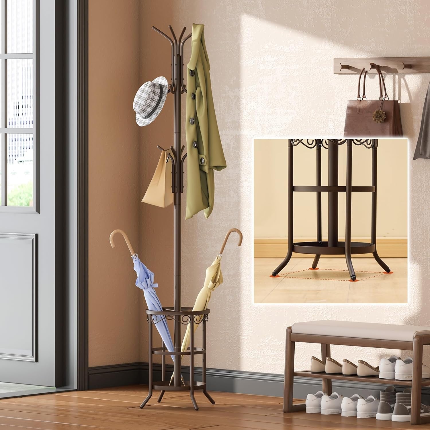 Freestanding Metal Coat Rack 12 Hooks with Umbrella Holder Brown Stand