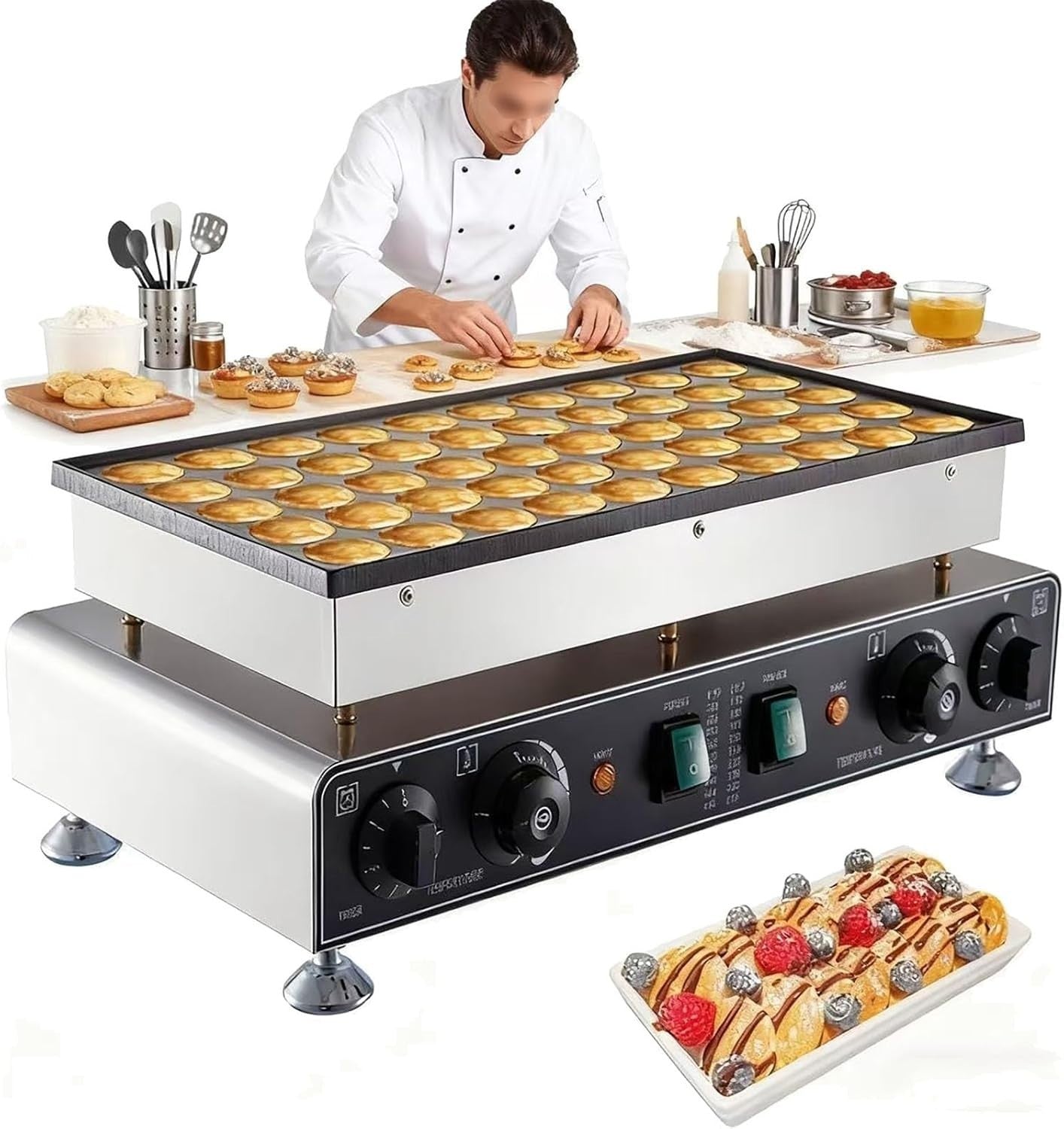 Commercial 50-Hole Mini Dutch Pancake Maker | 1700W Non-Stick Waffle & Muffin Ma