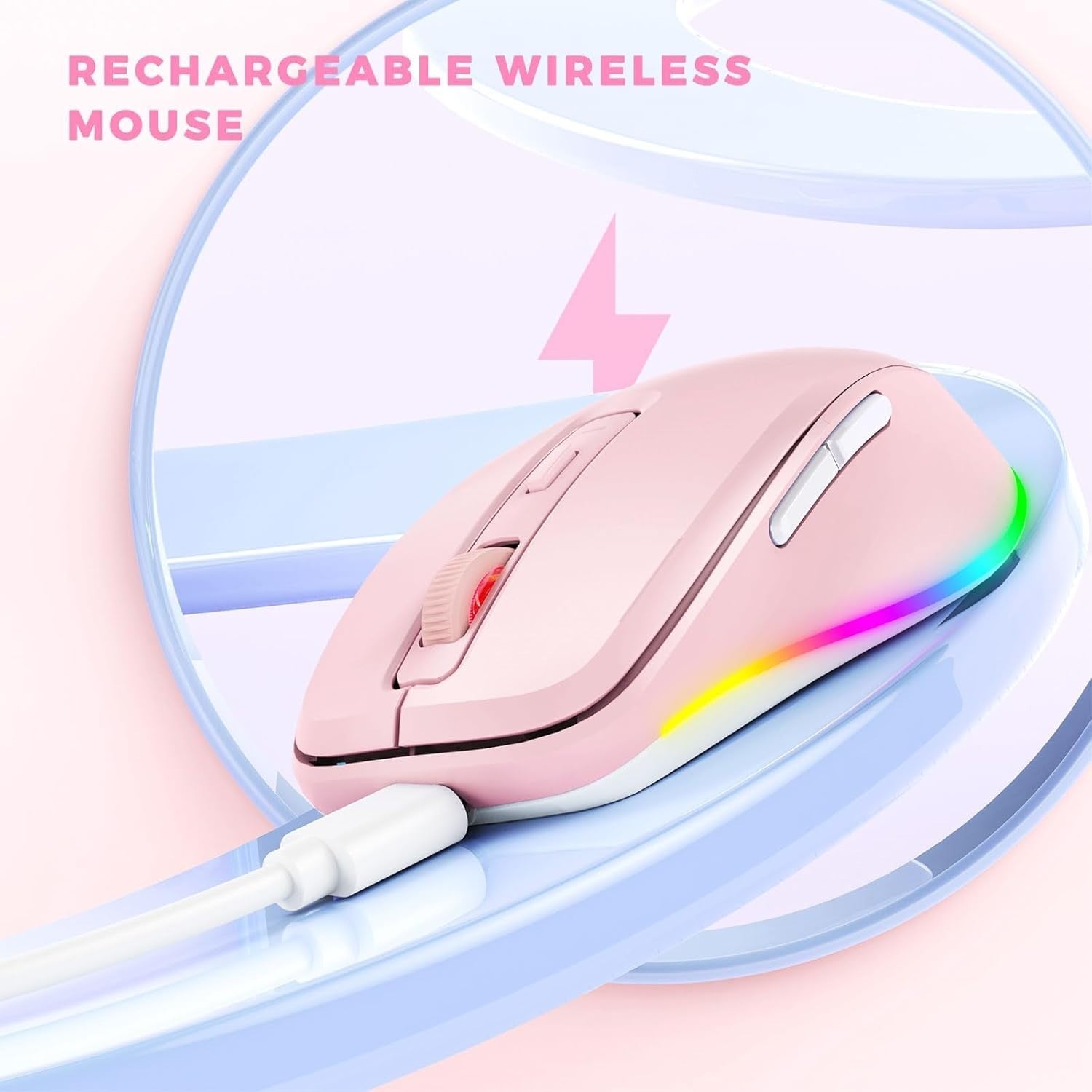 Pink RGB Wireless Mouse Rechargeable Silent USB Jiggler Mode