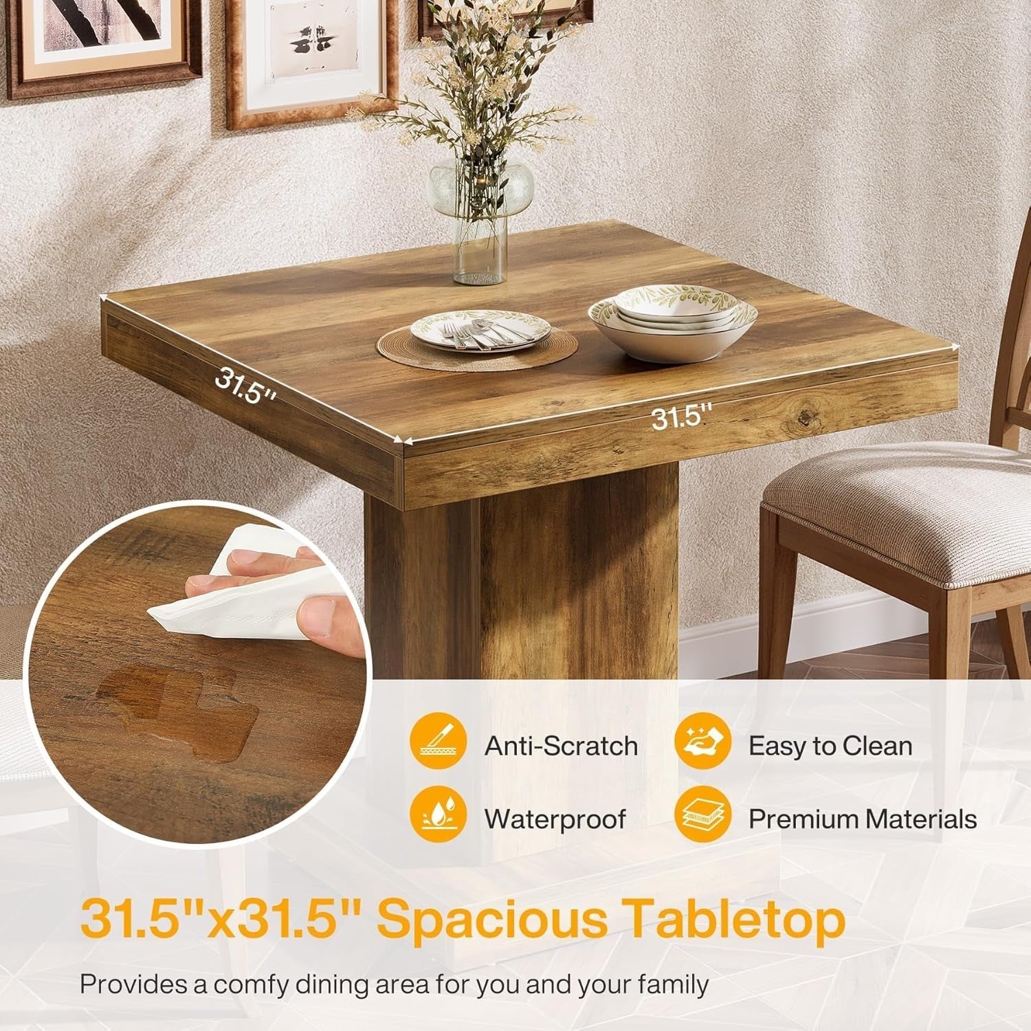 Rustic Square Dining Table 4 Seater Pedestal Base Small Space Home
