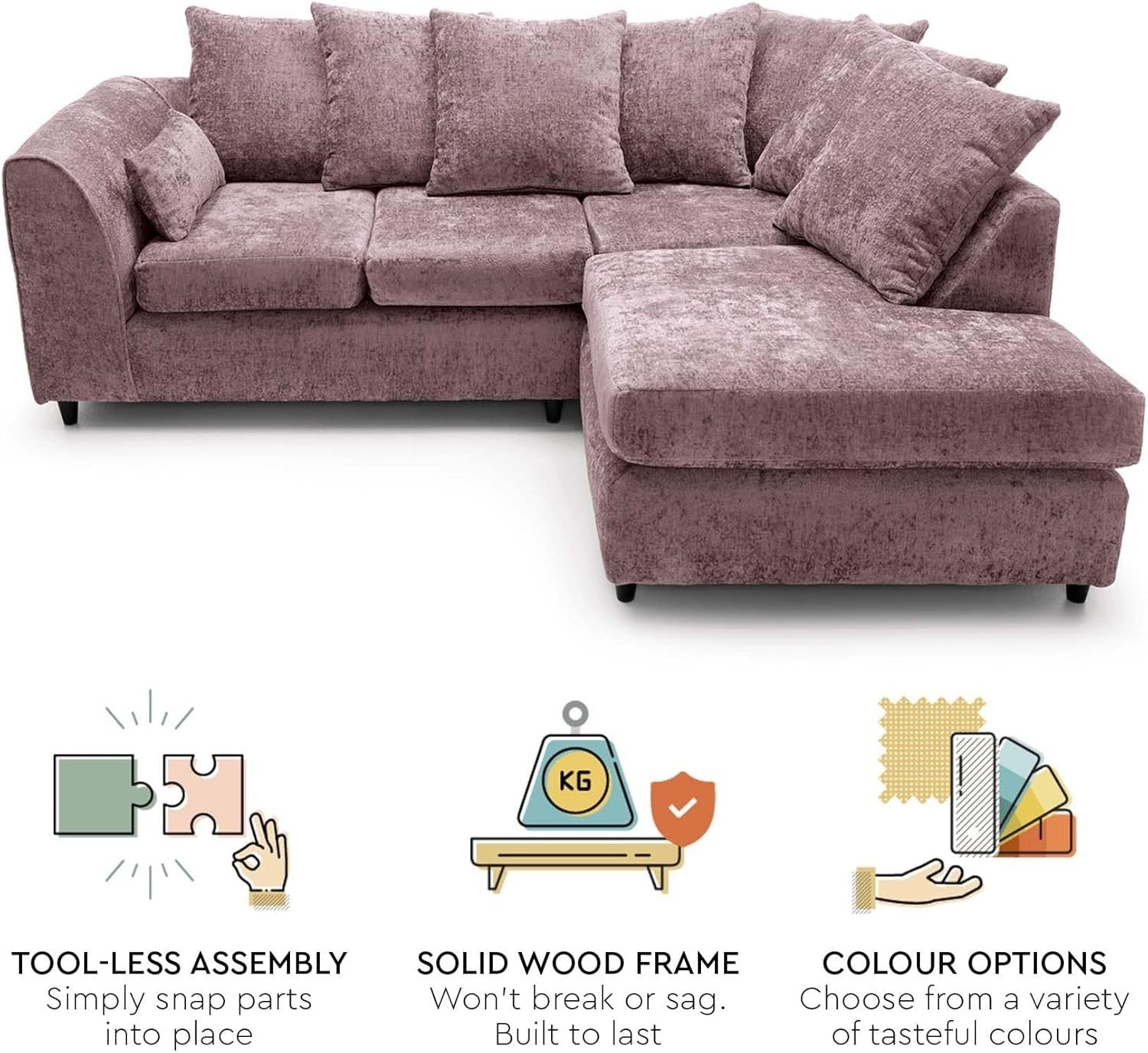 Pink Chenille Corner Sofa Right – Modern L Shape Couch for Living Room