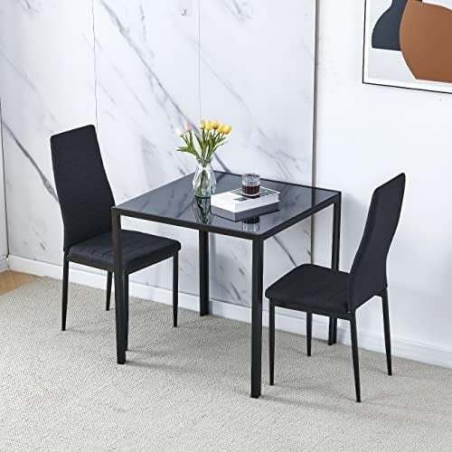 Square Glass Dining Table Set 75cm Black Flannel Chairs 2 Seater Compact